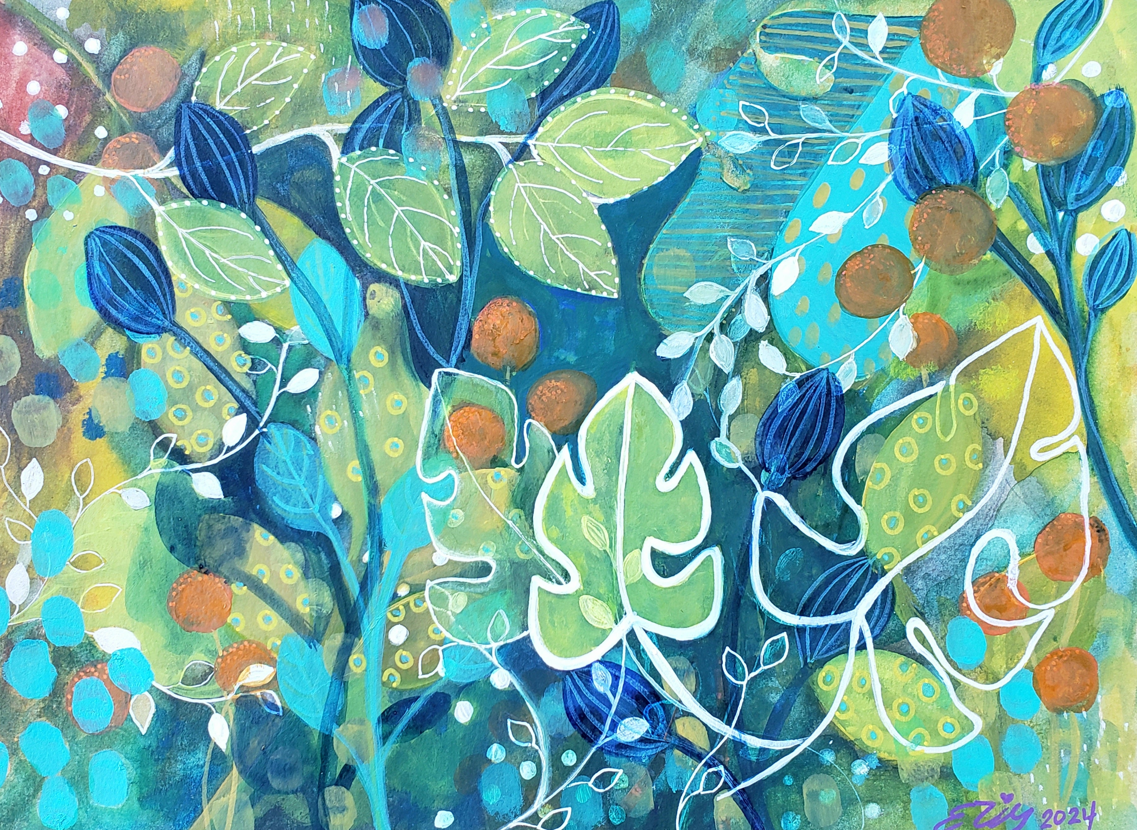 Botanical Whispers - Original Floral Mixed Media Painting on Paper