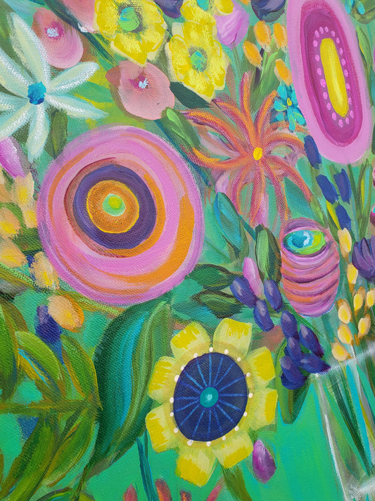 Floral whimsical orginal painting mixed media colorful