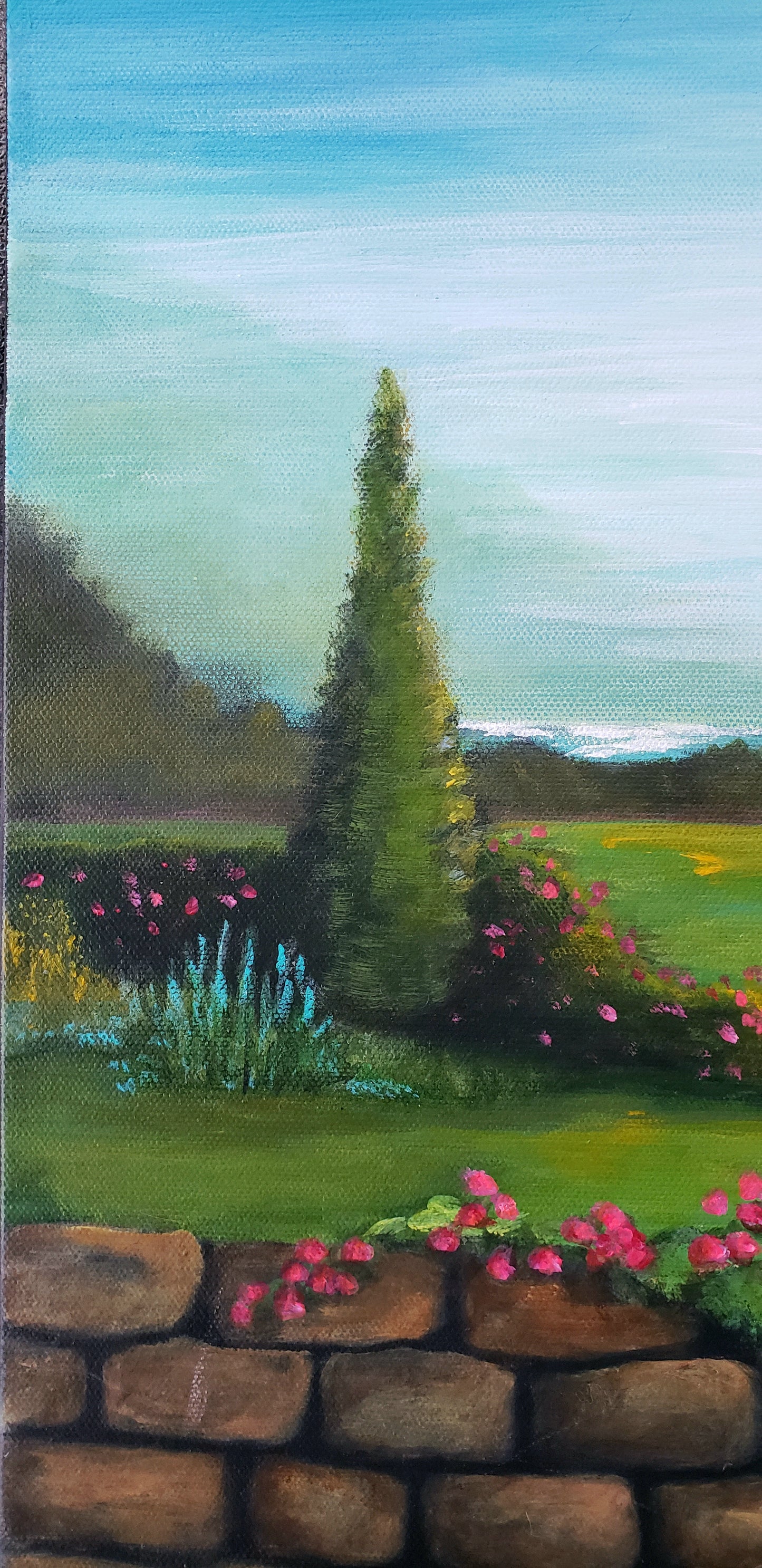Painting of a garden scene with a tall green tree, flowers, and a stone wall.