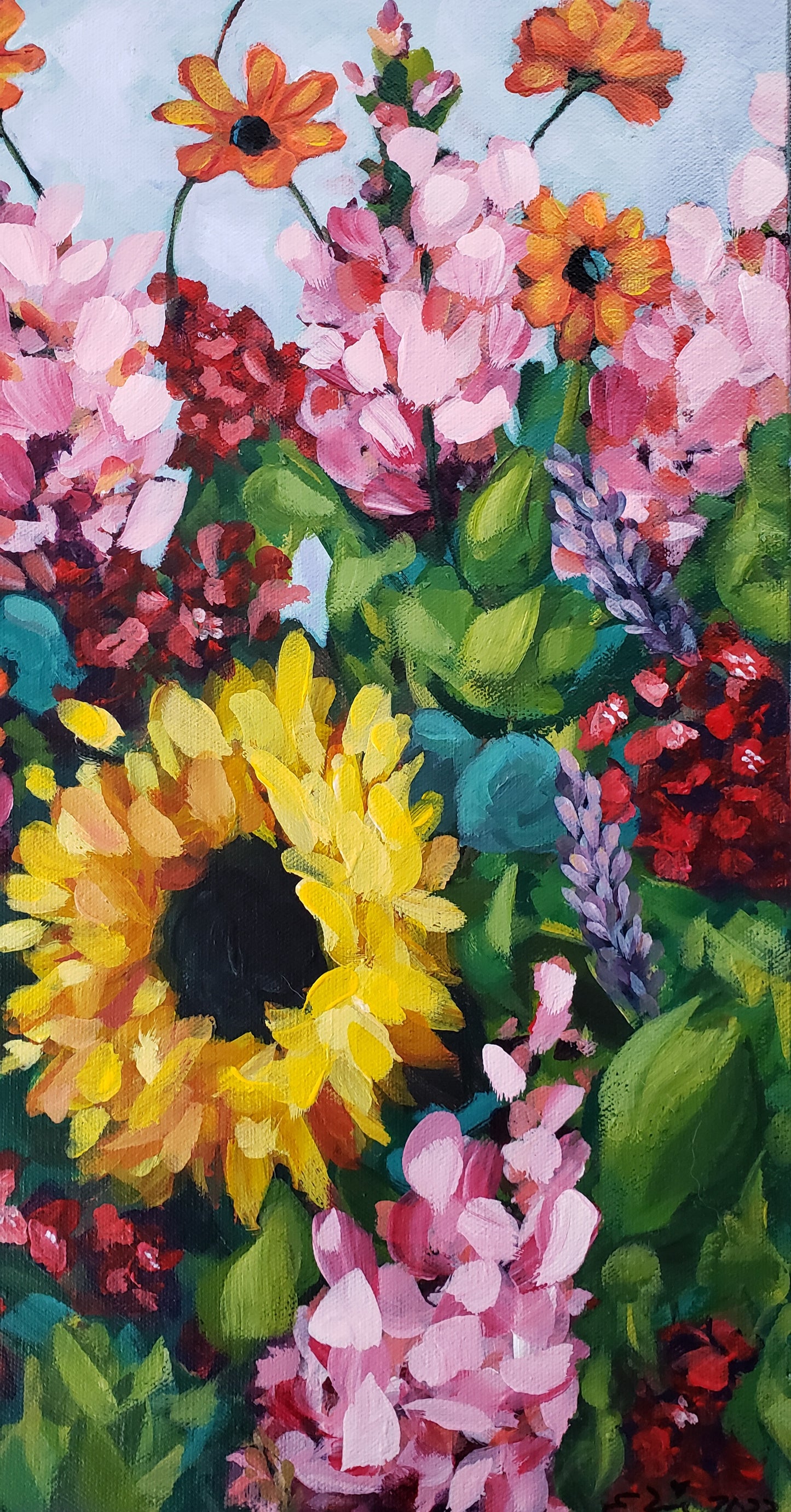 Colorful painting of flowers with sunflowers and pink blossoms.