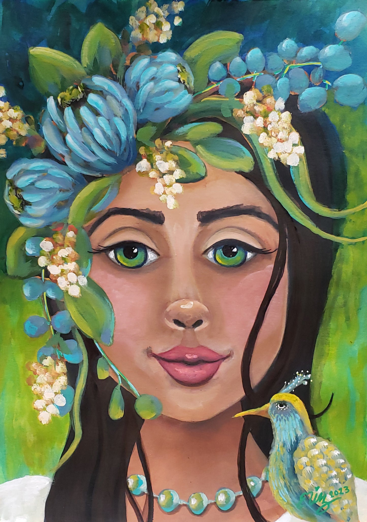 Artistic depiction of a woman's face with floral and bird elements