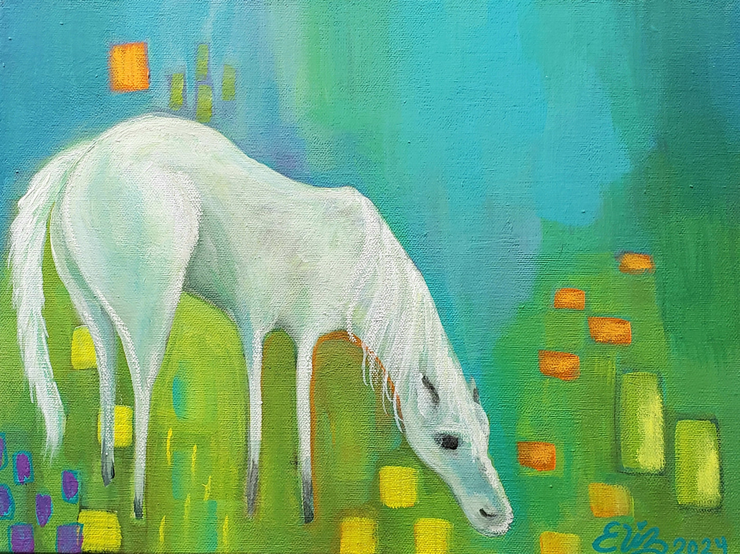 Painting of a white horse in a colorful abstract landscape