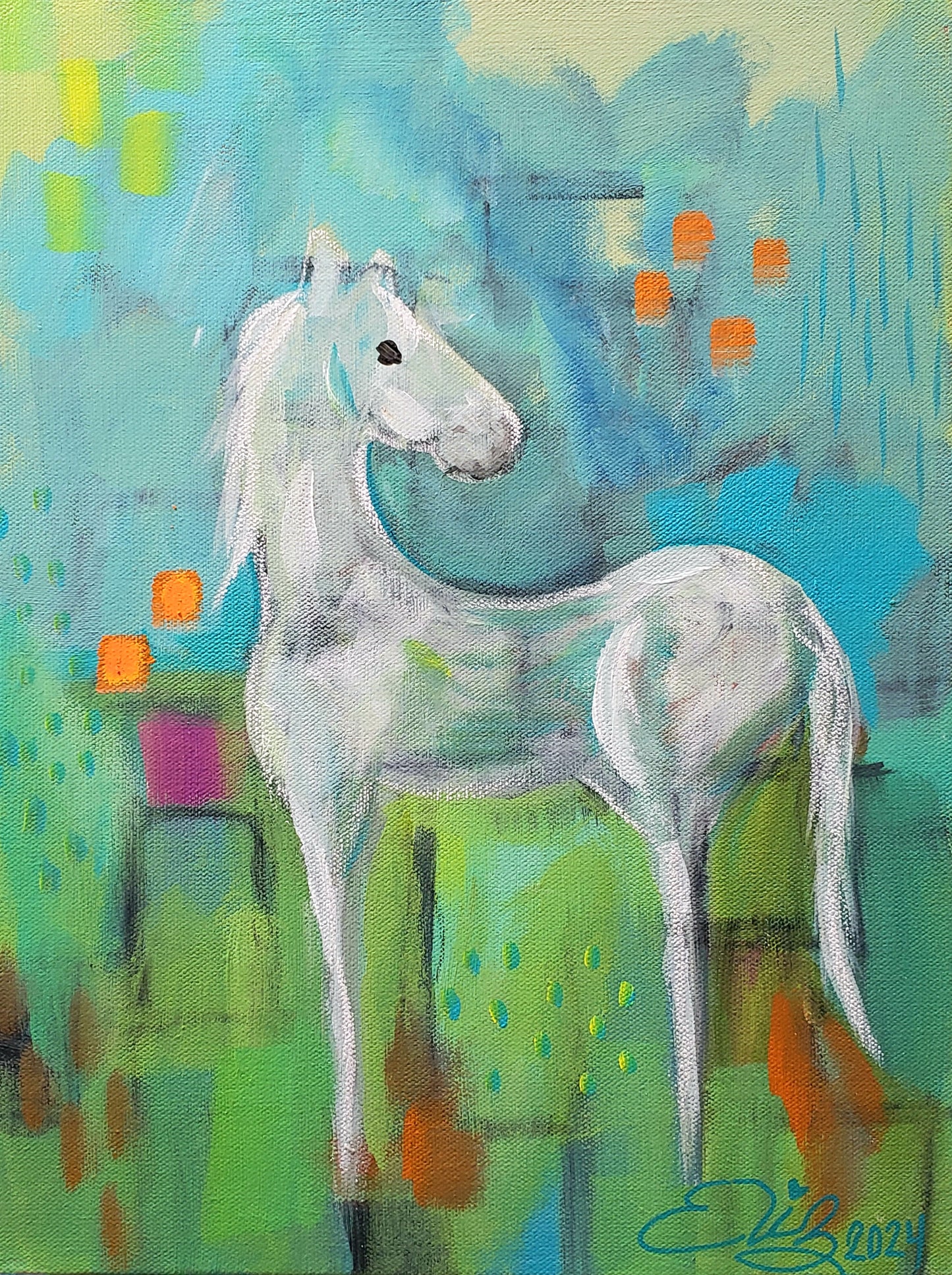 Abstract painting of a white horse with colorful background