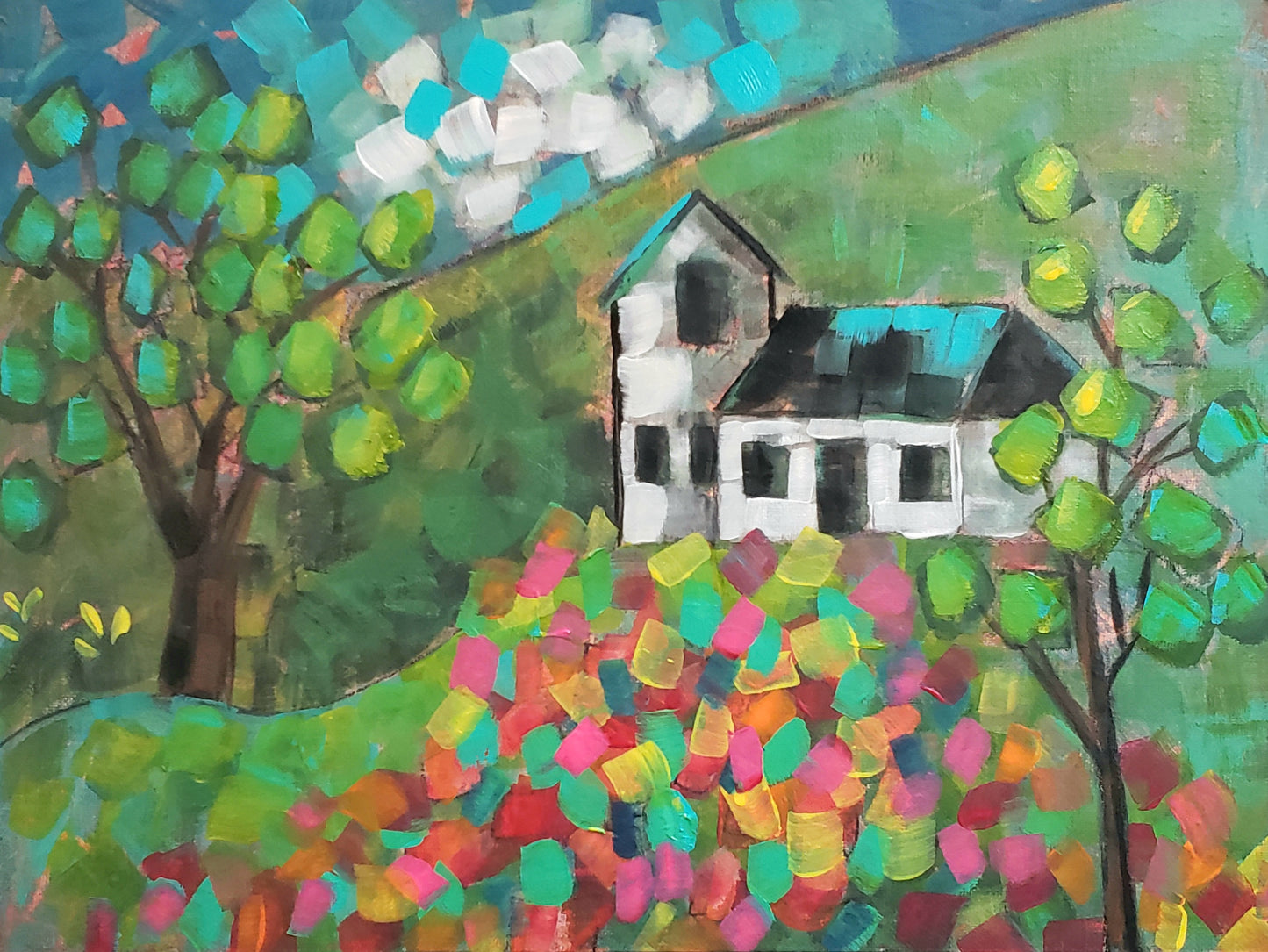 Colorful painting of a house with trees and flowers using blocks of color