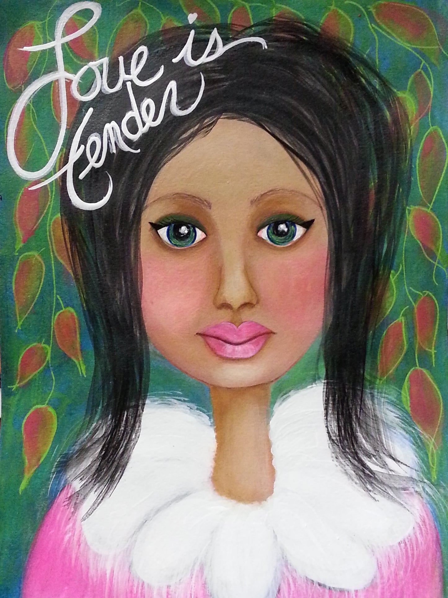 A colorful artwork titled 'Love is Tender' featuring a stylized girl with a pink outfit and green accessories, surrounded by green leaves and red berries.