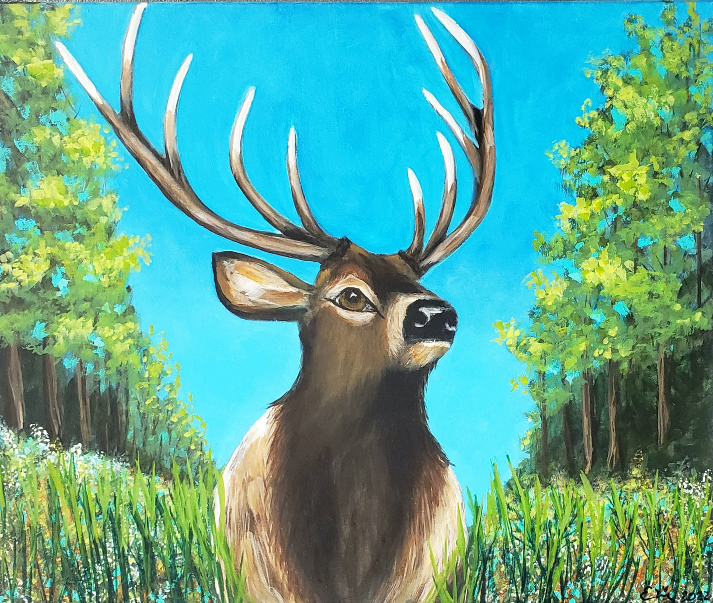 Painting of a Elk with large antlers in a forest setting