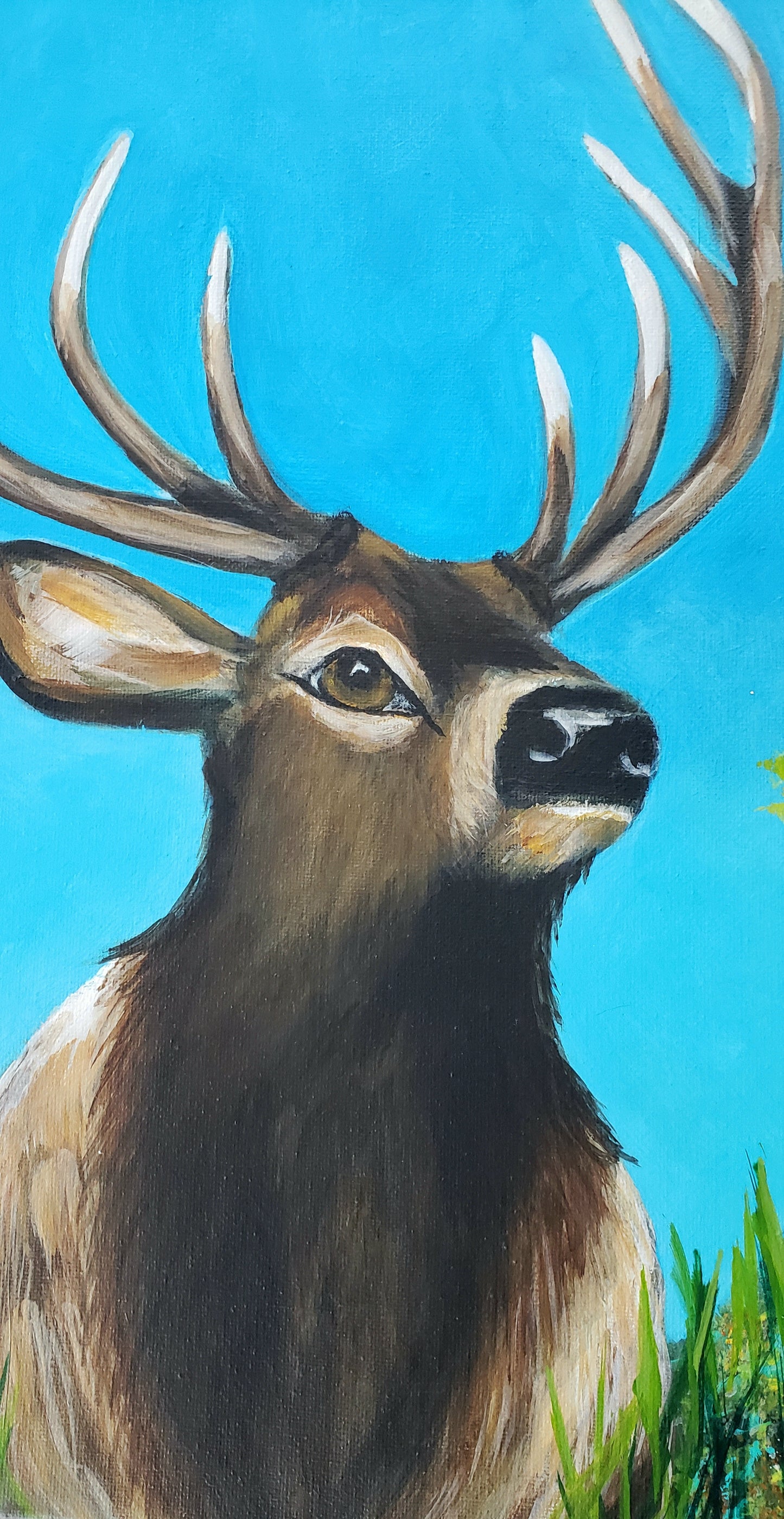 Painting of a Elkwith large antlers against a blue background