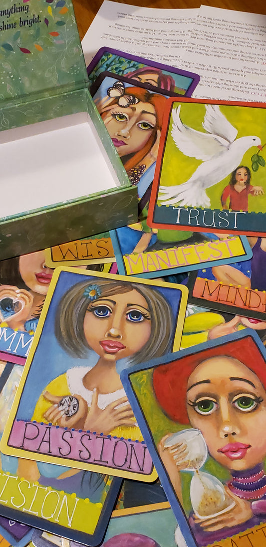 Find Your Light Deck of 52 hand painted professionally printed positivity cards to improve your outlook on life. Packaged in a decorative magnetic clasp box with instructions included. 