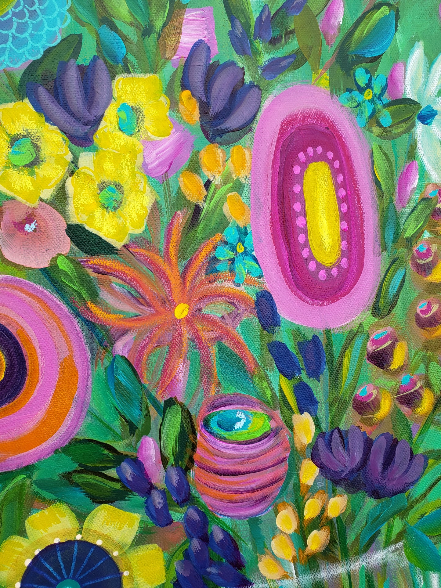Floral whimsical orginal painting mixed media colorful