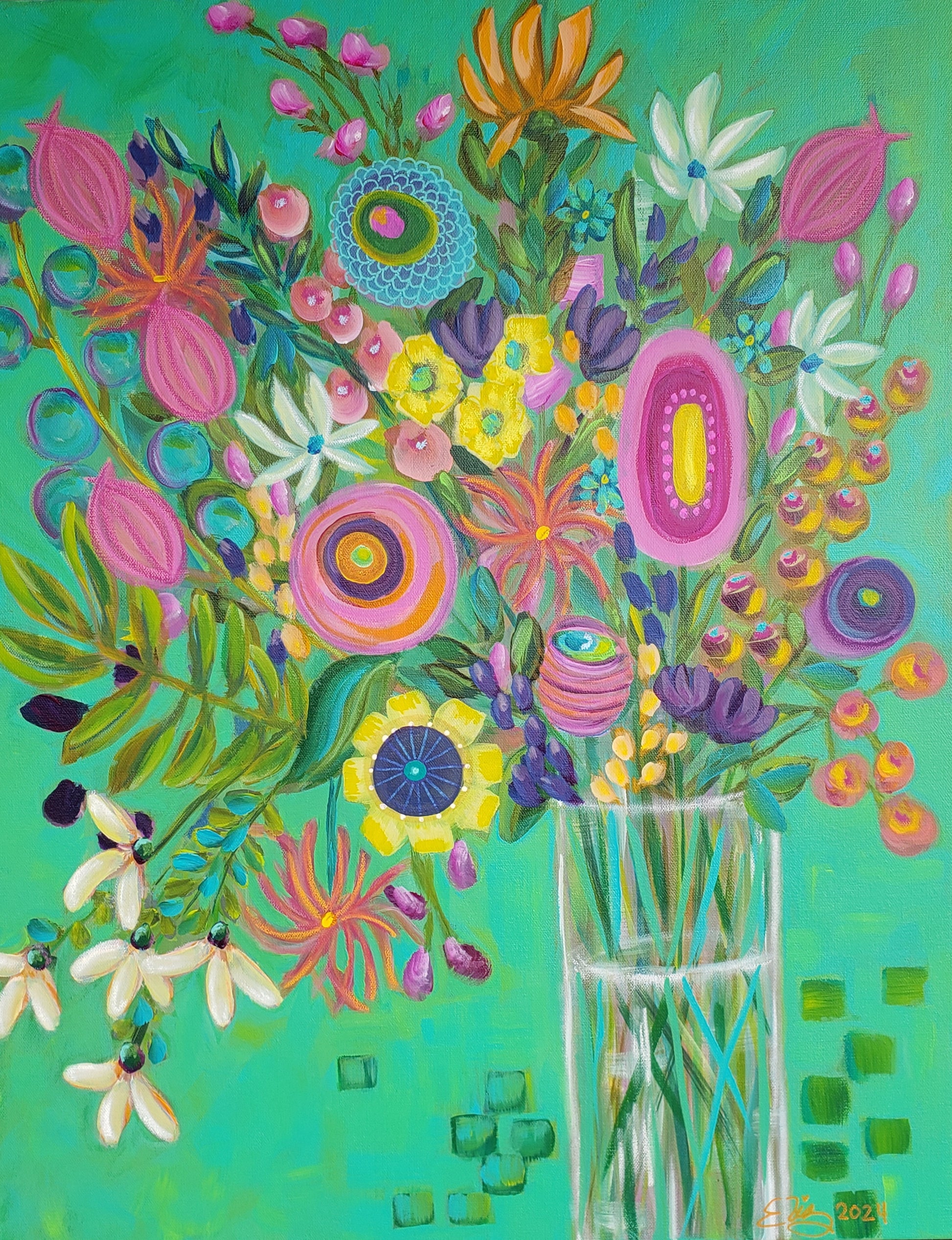 An original abstract floral painting featuring a variety of colorful flowers in a vase against a green background, with a whimsical, contemporary aesthetic.