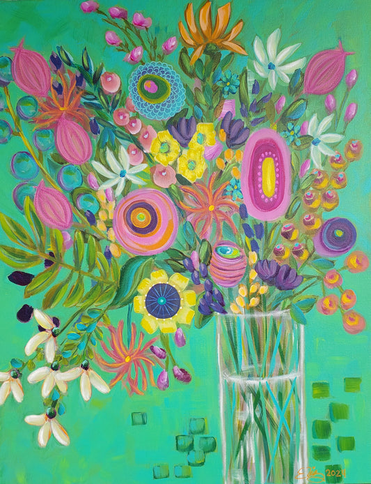 An original abstract floral painting featuring a variety of colorful flowers in a vase against a green background, with a whimsical, contemporary aesthetic.