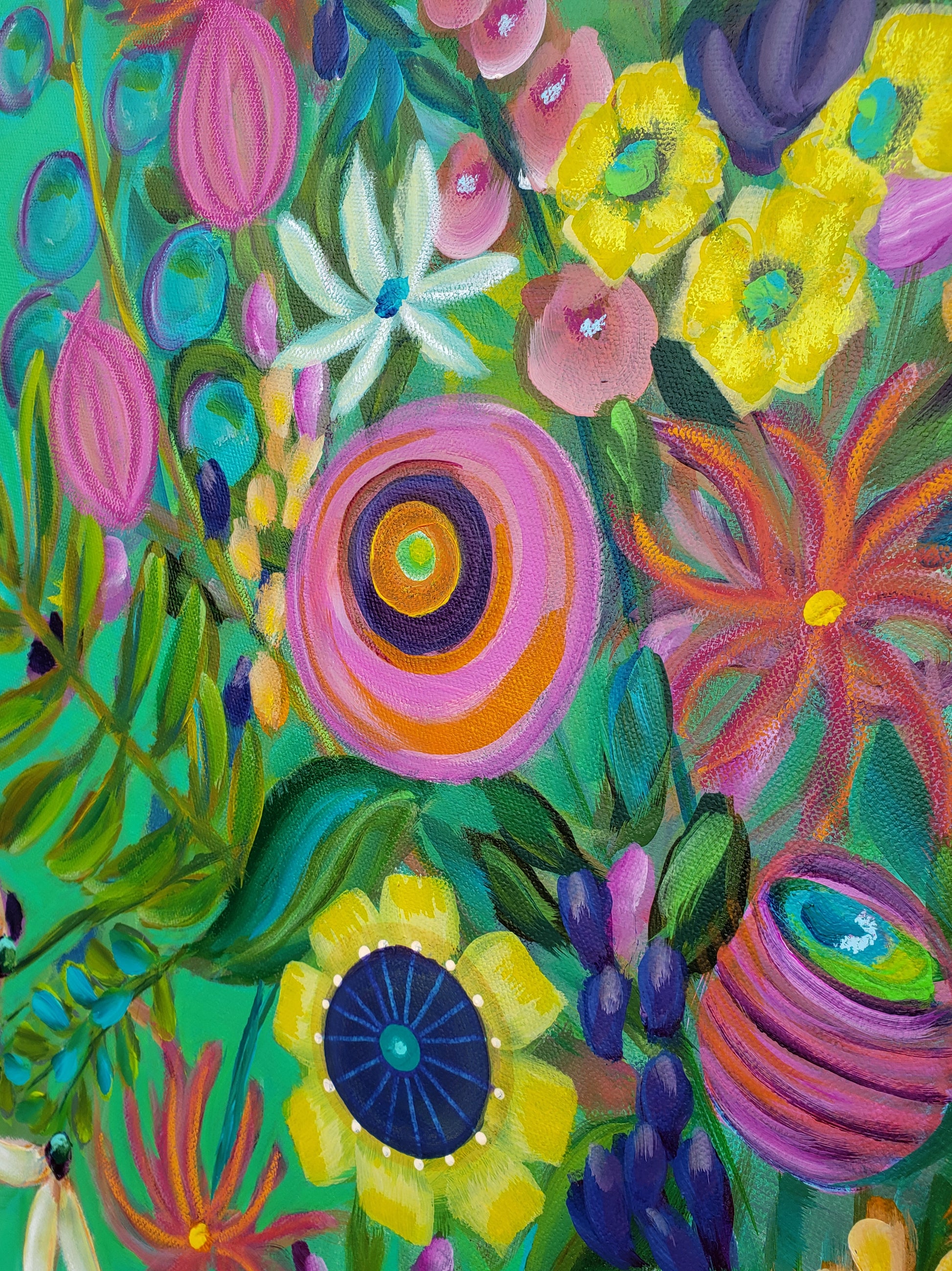 Floral whimsical orginal painting mixed media colorful