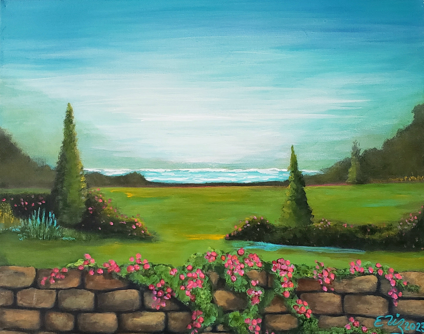 Painting of a garden scene with flowers, a stone wall, and a view of water and mountains.
