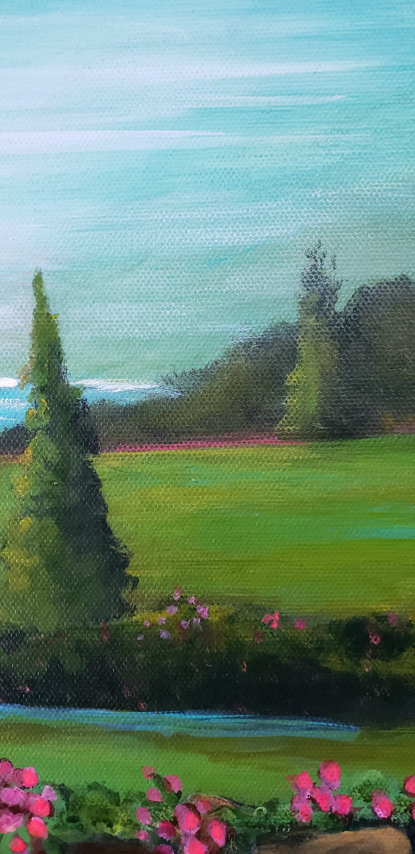 Painting of a landscape with trees, grass, and flowers.