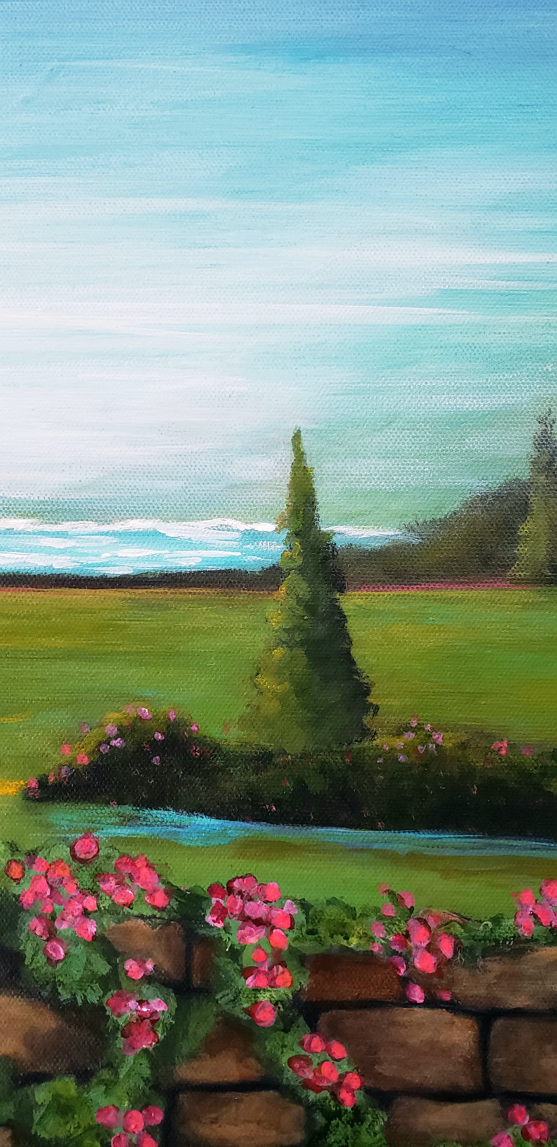 Painting of a landscape with a stone wall, flowers, and trees.