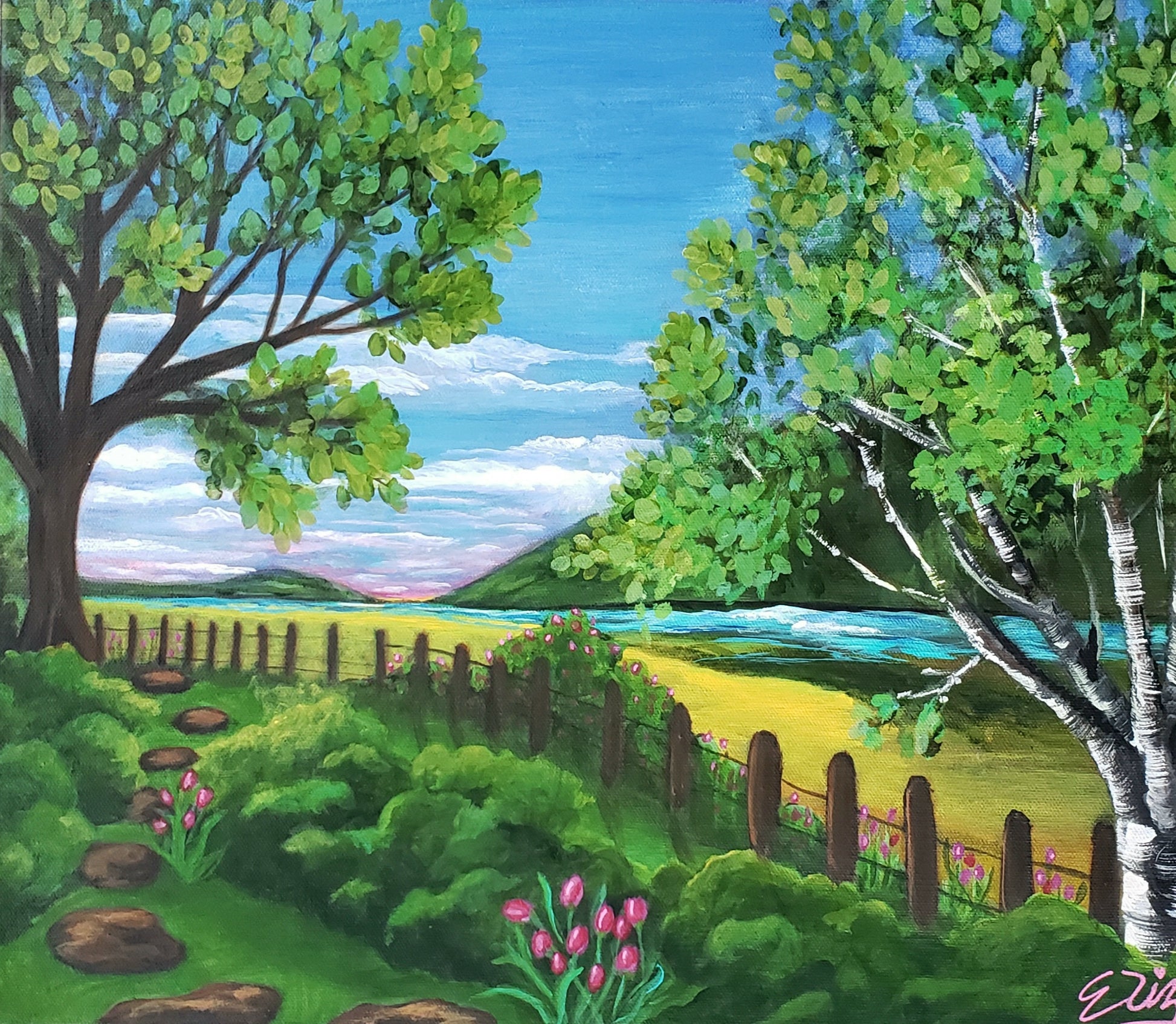 Painting of a garden scene with trees, flowers, and a fence.