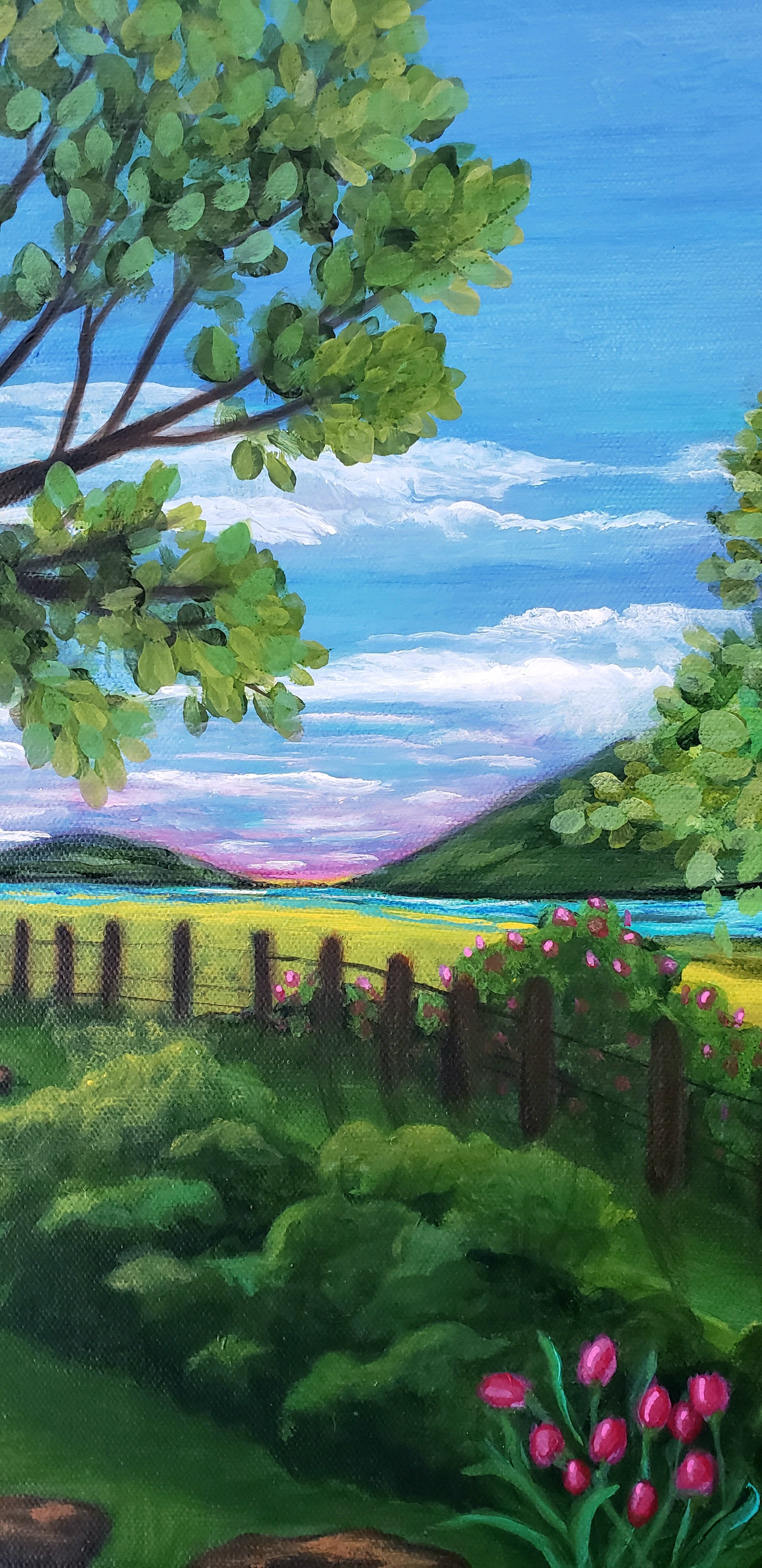 Painting of a garden scene with flowers, fence, and trees