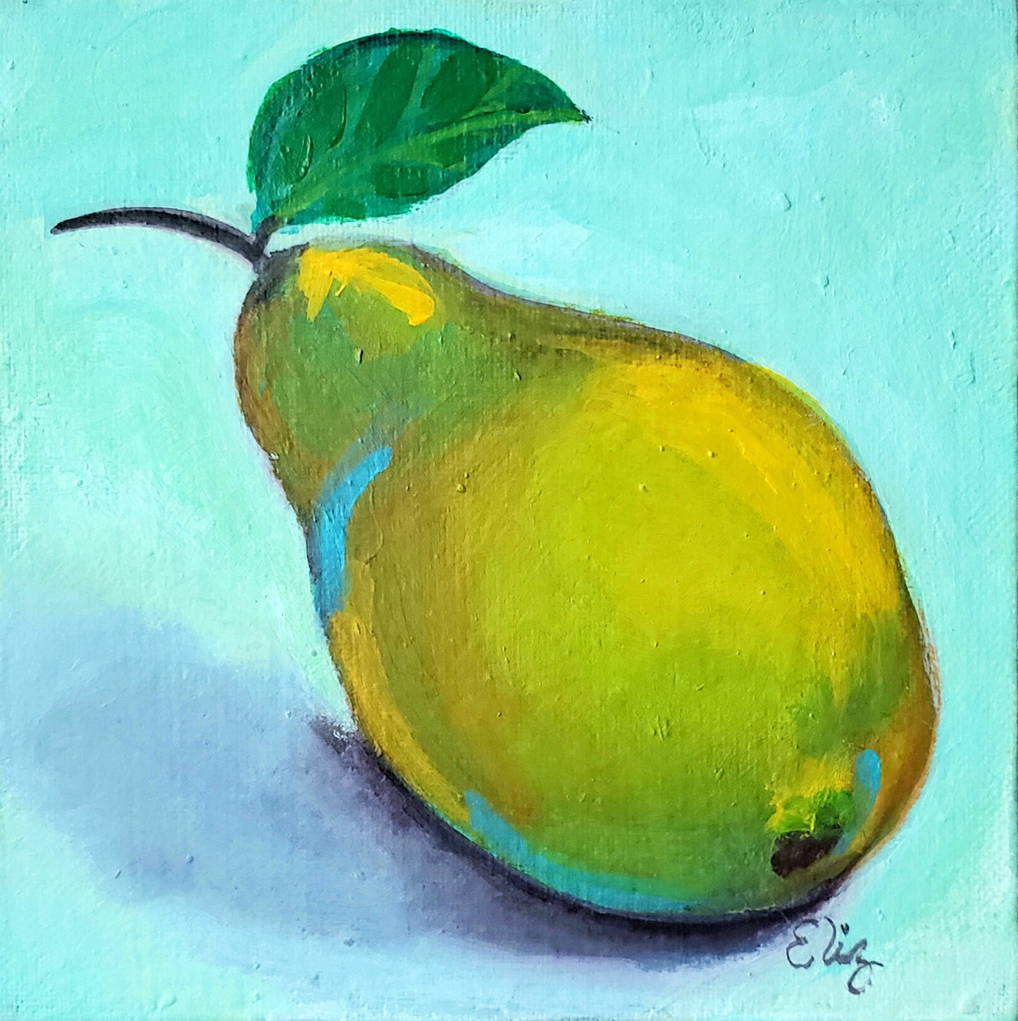 Painting of a green pear with a leaf on a light blue background
