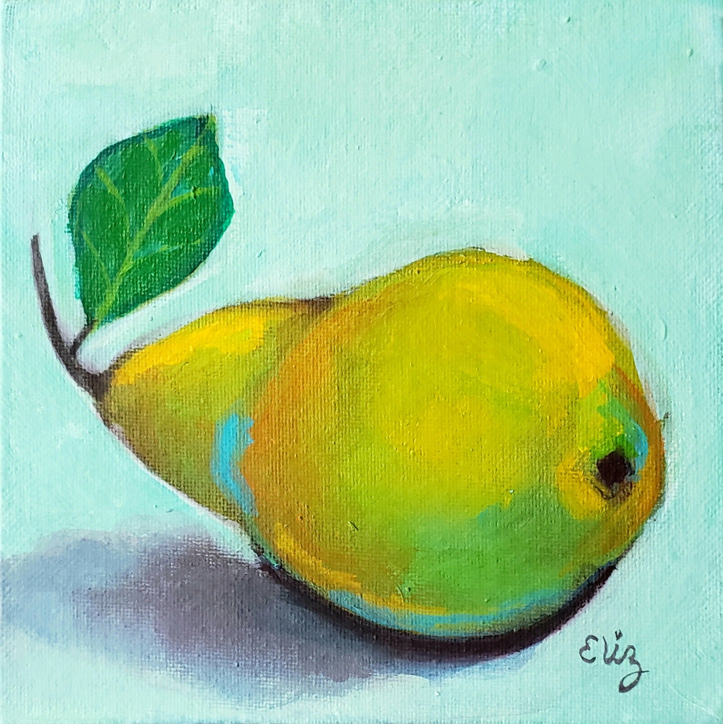 Painting of a yellow pear with a green leaf on a light blue background