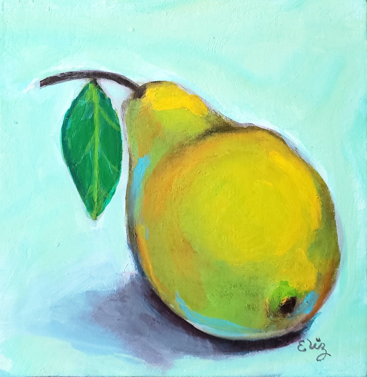 Painting of a yellow pear with a green leaf on a light blue background
