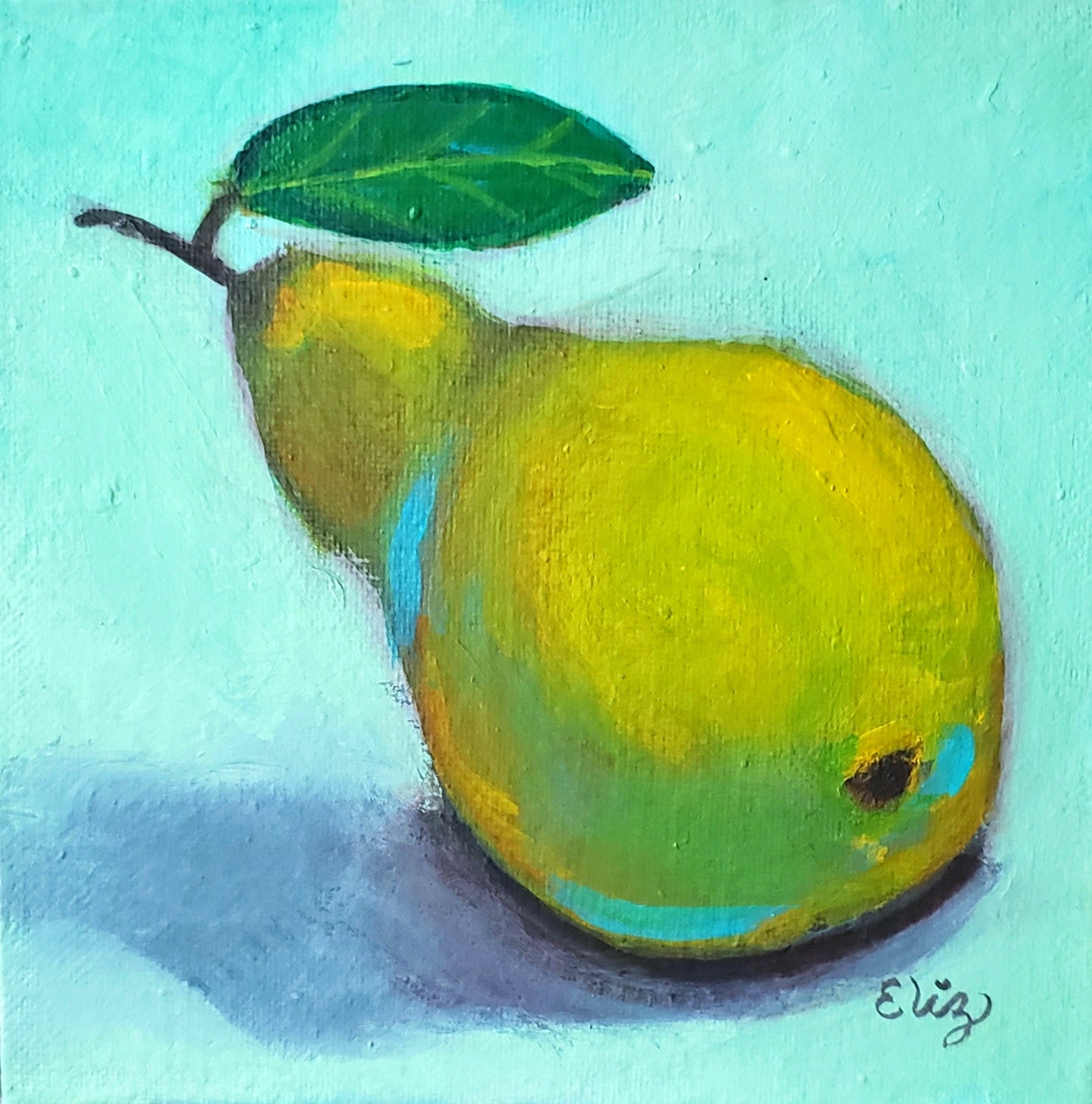 Painting of a green pear with a leaf on a light blue background