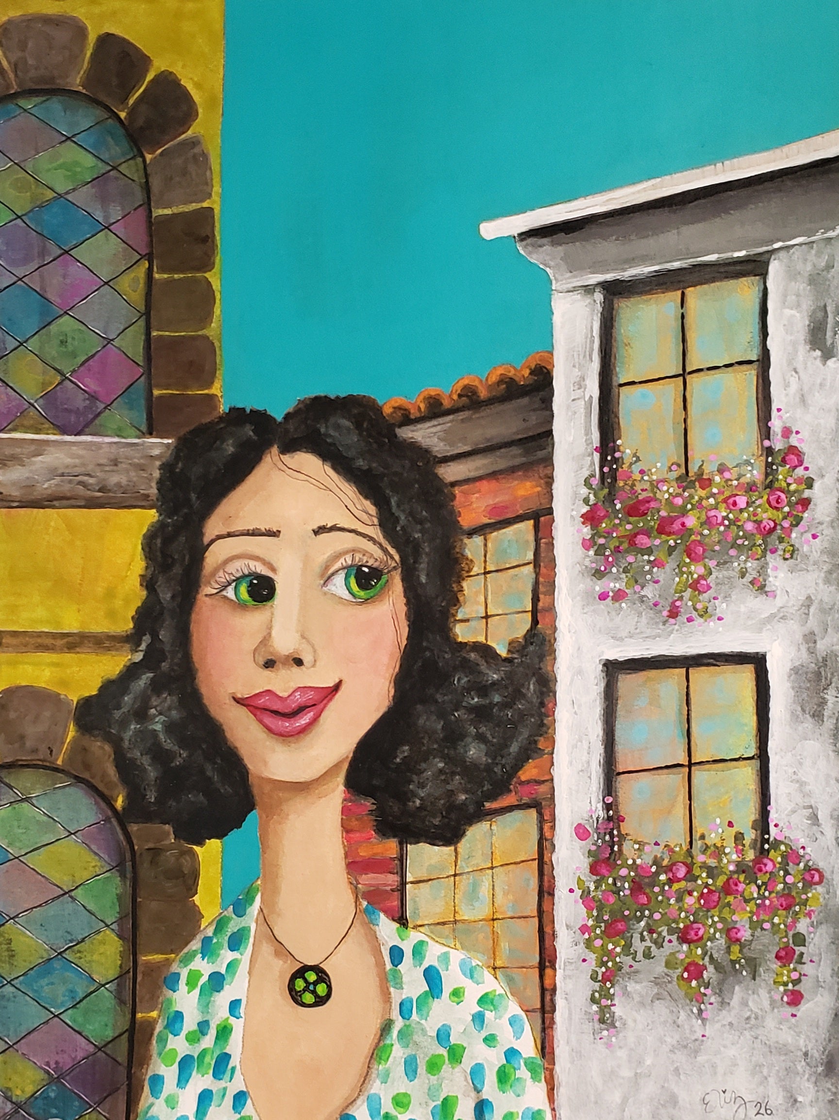 Illustration of a woman with a colorful background featuring a building and flowers.