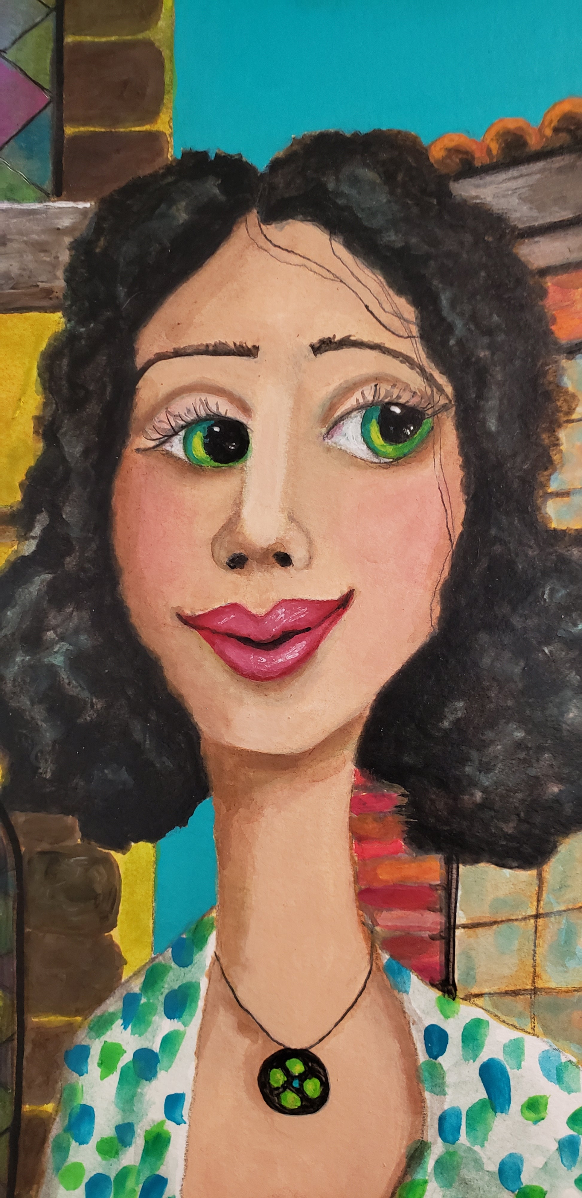 Artistic depiction of a person with dark hair and green eyes, wearing a patterned dress.