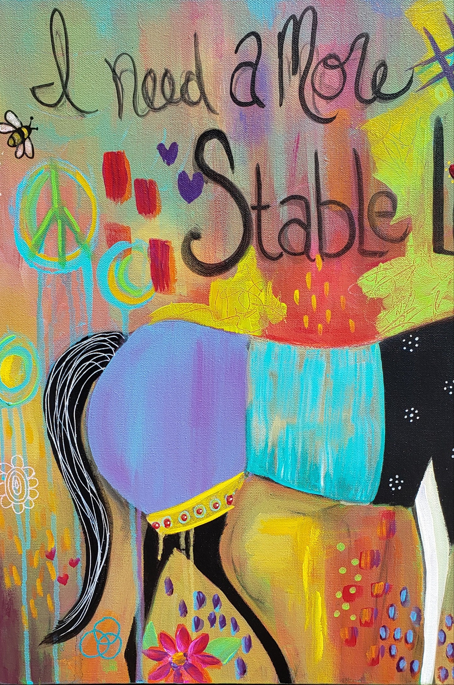 Stable Life Whimsical horse original mixed media painting wall art equestrian wall decore abstract boldly colored background Colorful abstract painting with a horse and text on a multicolored background