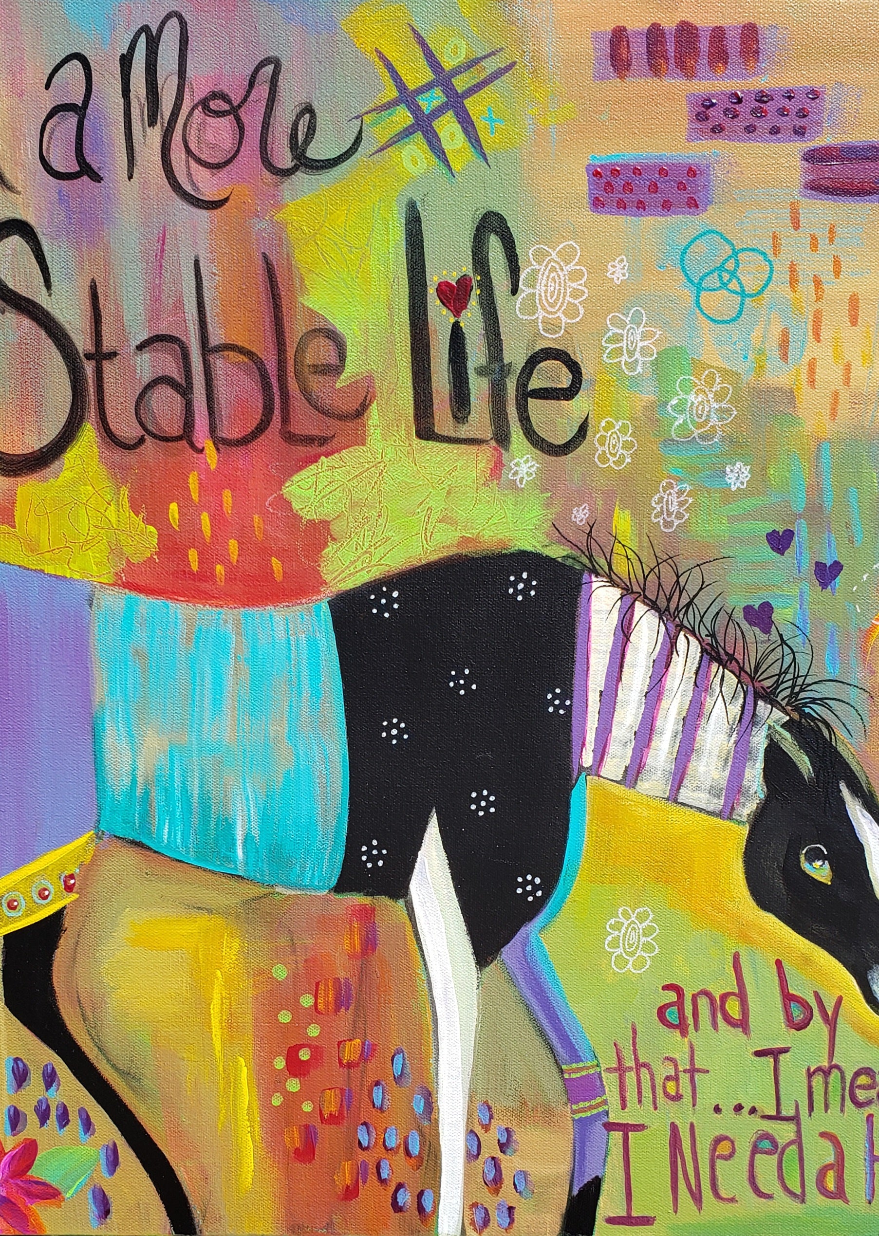 Colorful artwork with text and a horse figure on a textured background