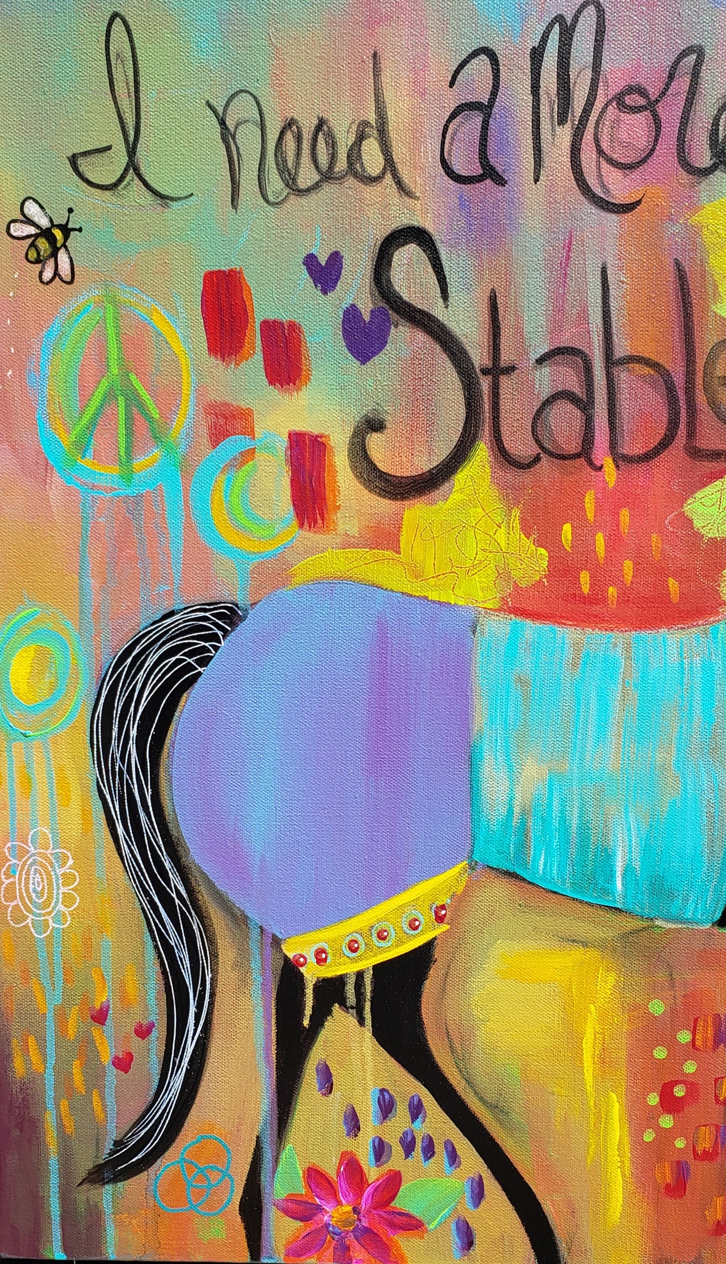 Stable Life Whimsical horse original mixed media painting Colorful abstract painting with a horse, text, and symbols on a multicolored background.