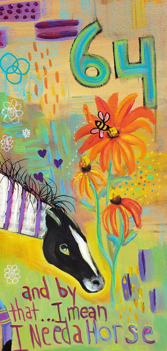 Stable Life Whimsical horse original mixed media painting Colorful artwork with a horse, flowers, and text on a textured background