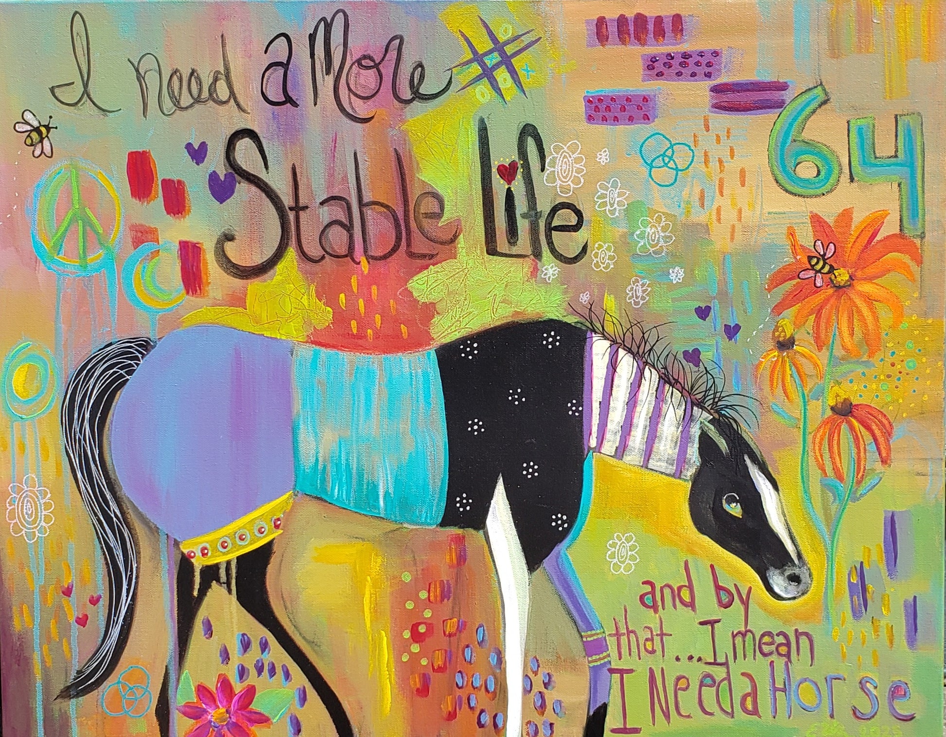 Stable Life Whimsical horse original mixed media painting Colorful painting of a horse with text and abstract elements