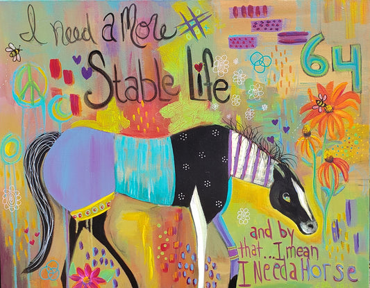 Stable Life Whimsical horse original mixed media painting Colorful painting of a horse with text and abstract elements