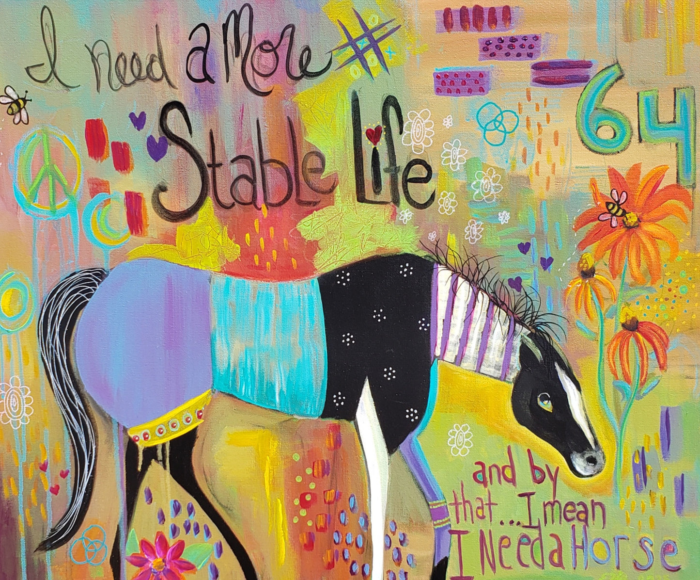 Stable Life Whimsical horse original mixed media painting wall art equestrian wall decore abstract boldly colored background 