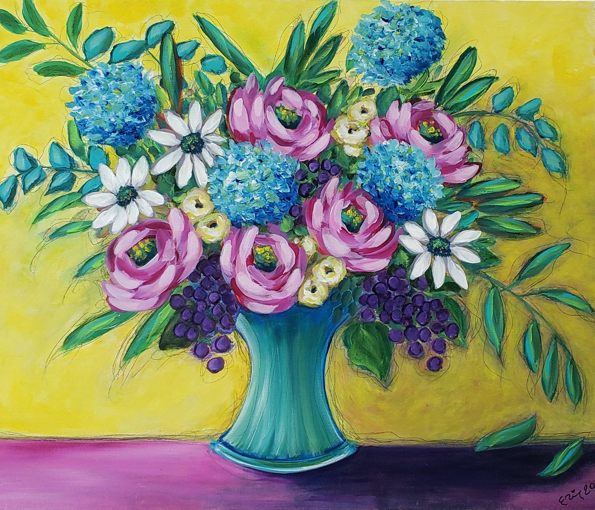 Colorful floral arrangement in a blue vase on a yellow background