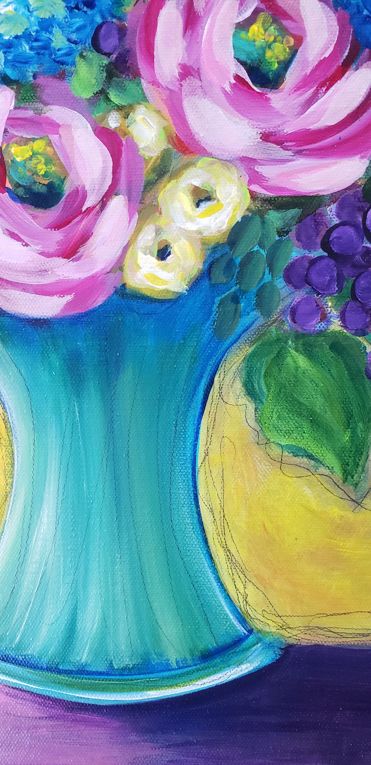 Colorful painting of flowers in a blue vase on a purple background