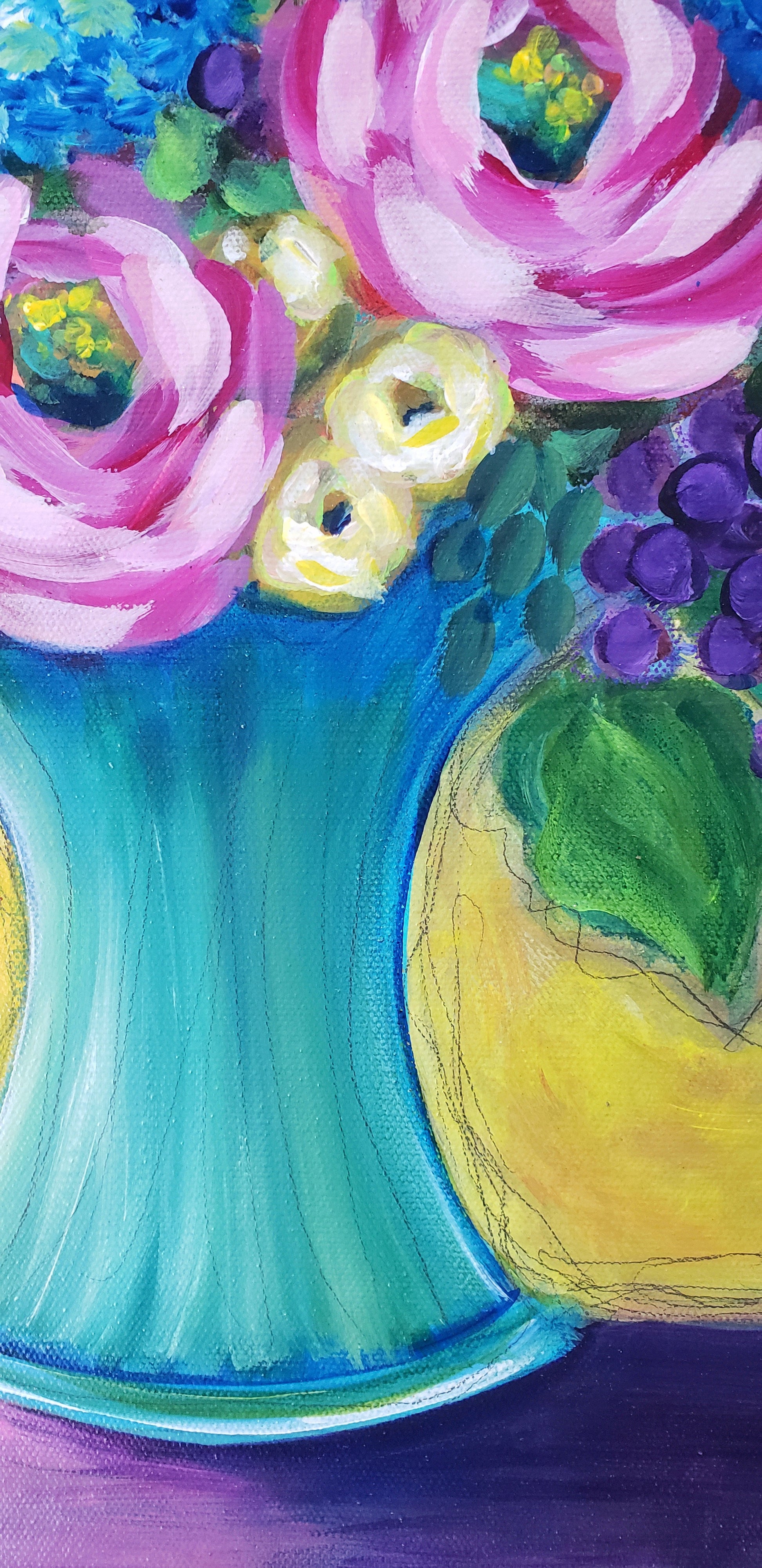 Colorful painting of flowers in a blue vase on a purple background