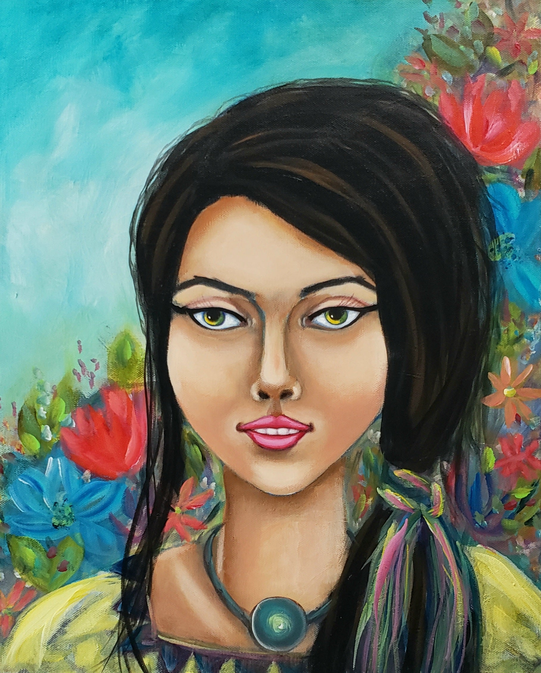 Artistic portrait of a woman with colorful hair and flowers in the background
