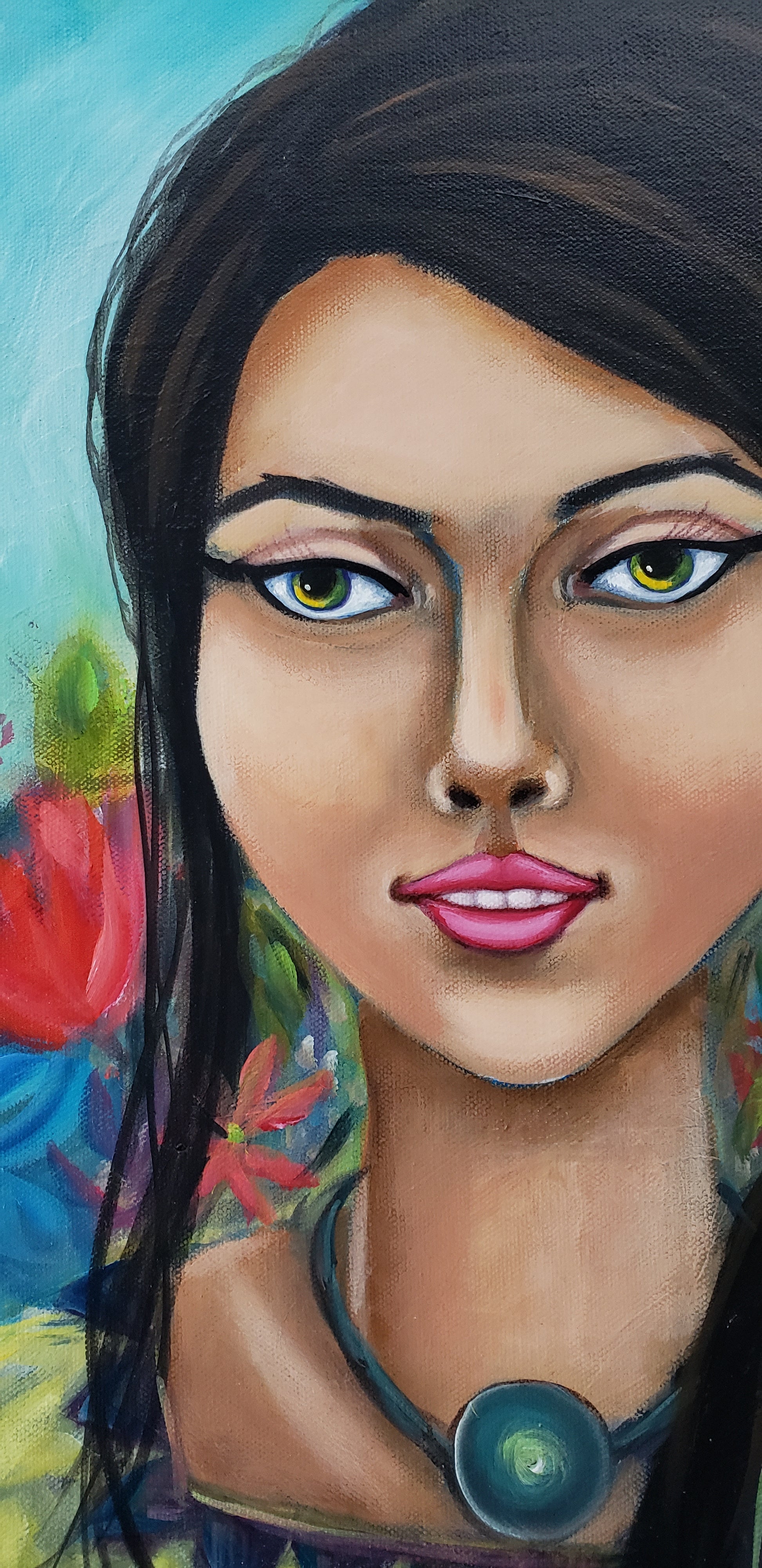 Close-up of a stylized portrait with vibrant colors and floral patterns.