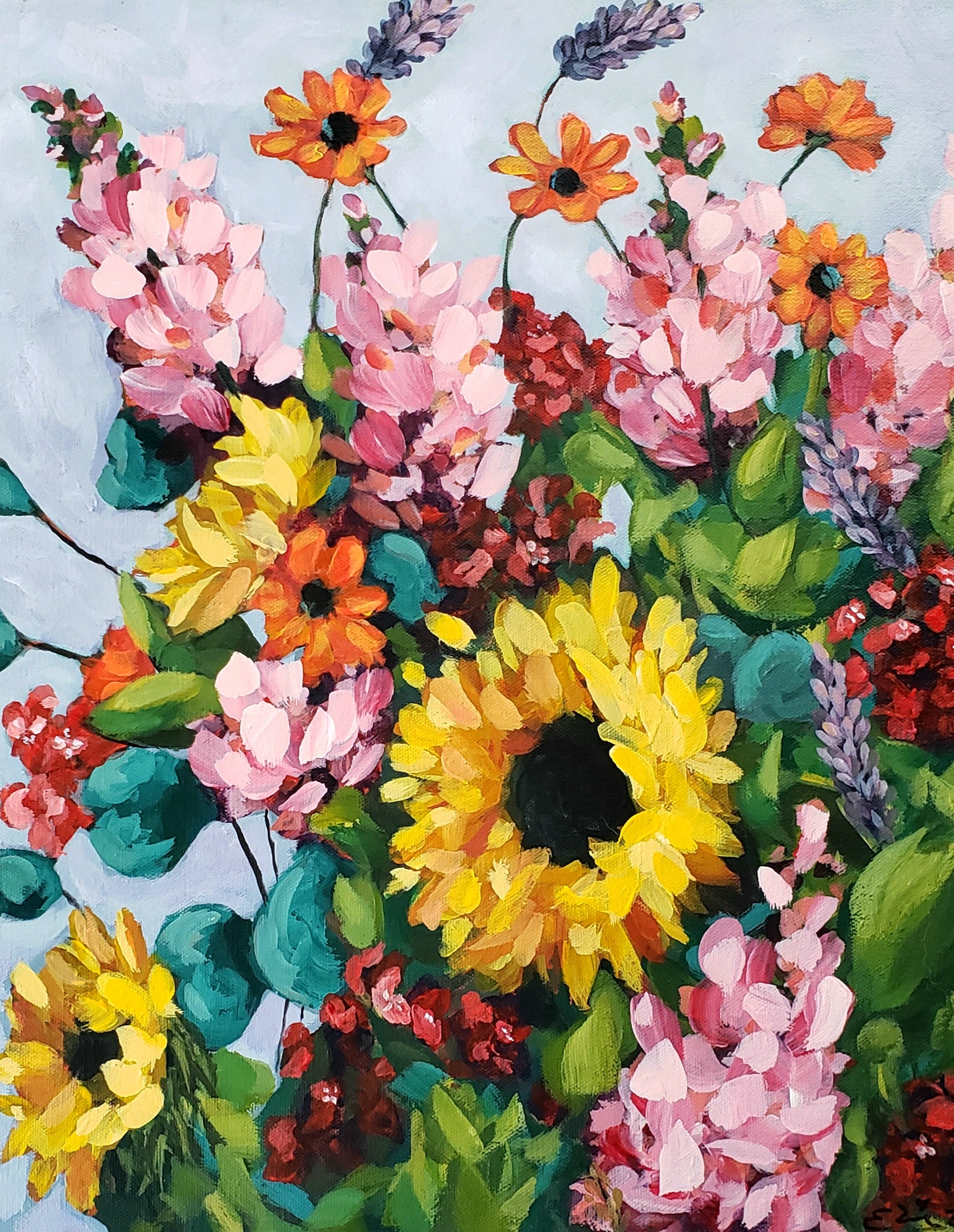 Colorful bouquet of flowers with sunflowers, roses, and lavender on a light blue background