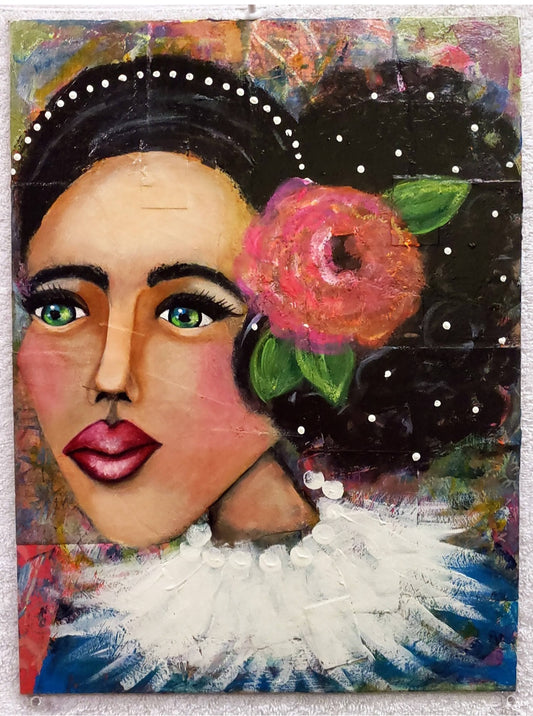 Artistic depiction of a woman's face with flowers in her hair on a colorful background