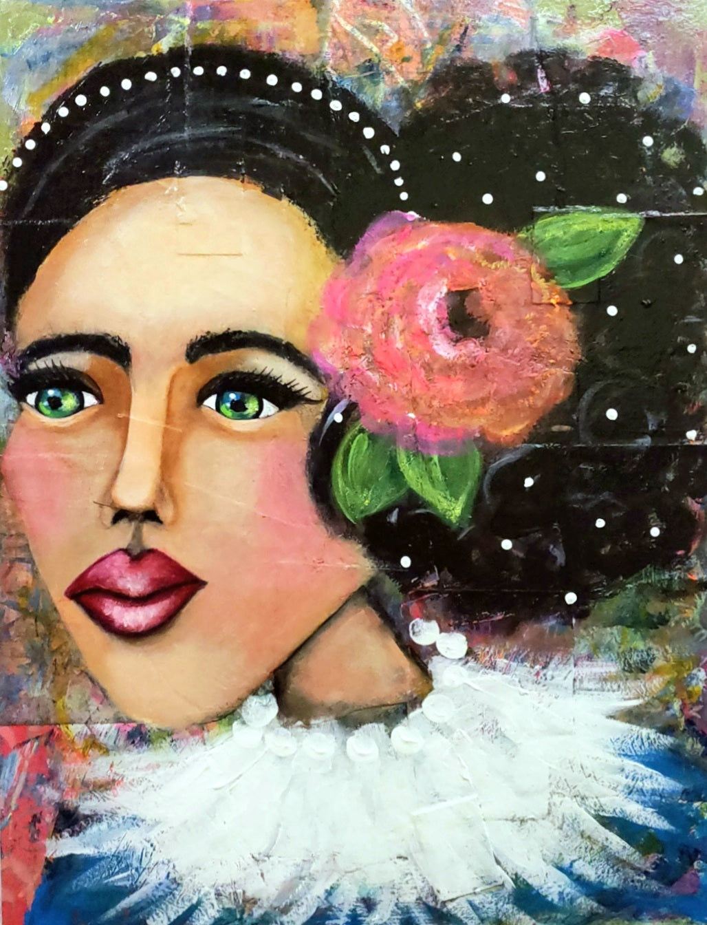 Artistic depiction of a woman's face with flowers in her hair against a colorful background
