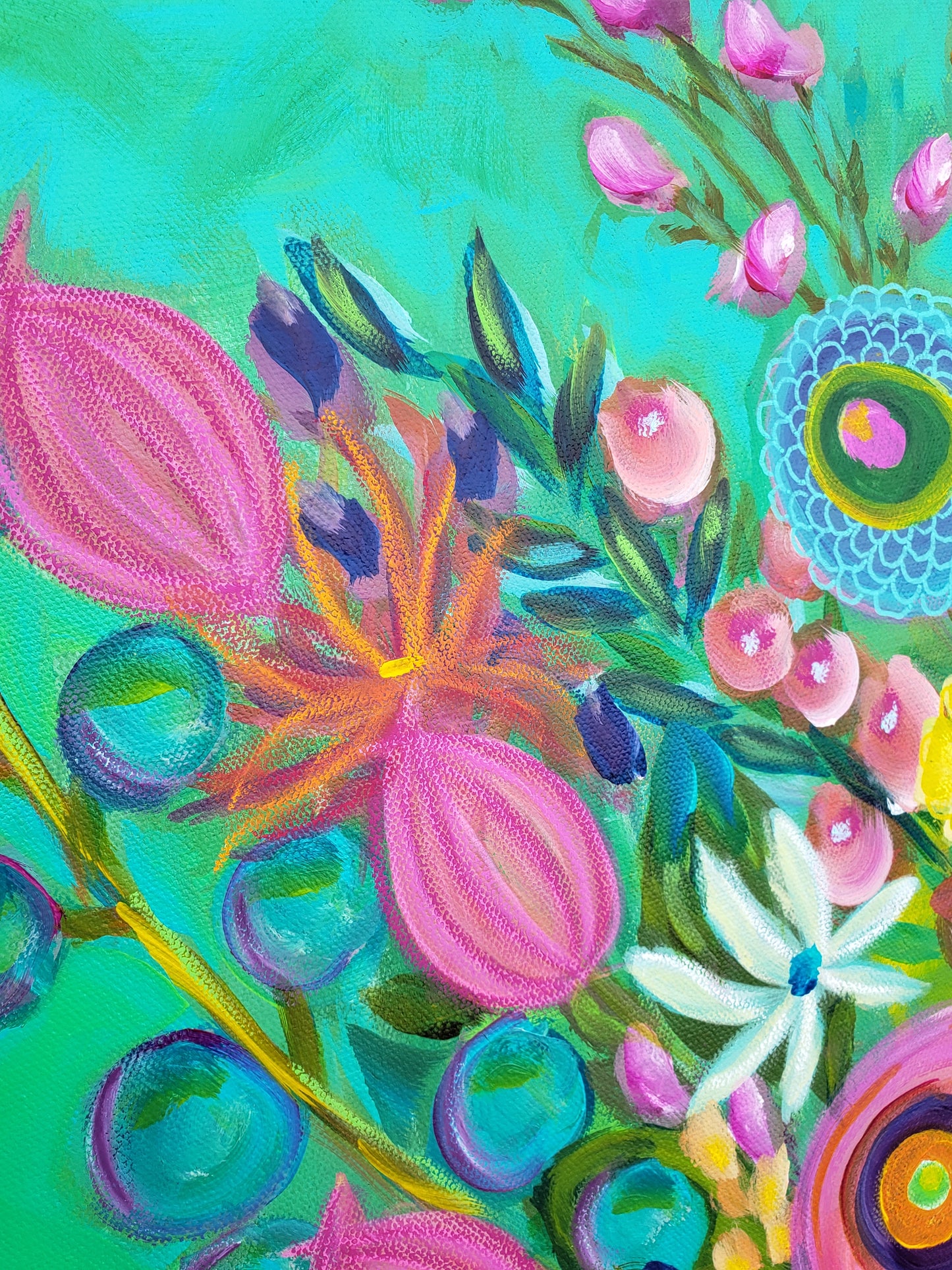 Floral whimsical orginal painting mixed media colorful