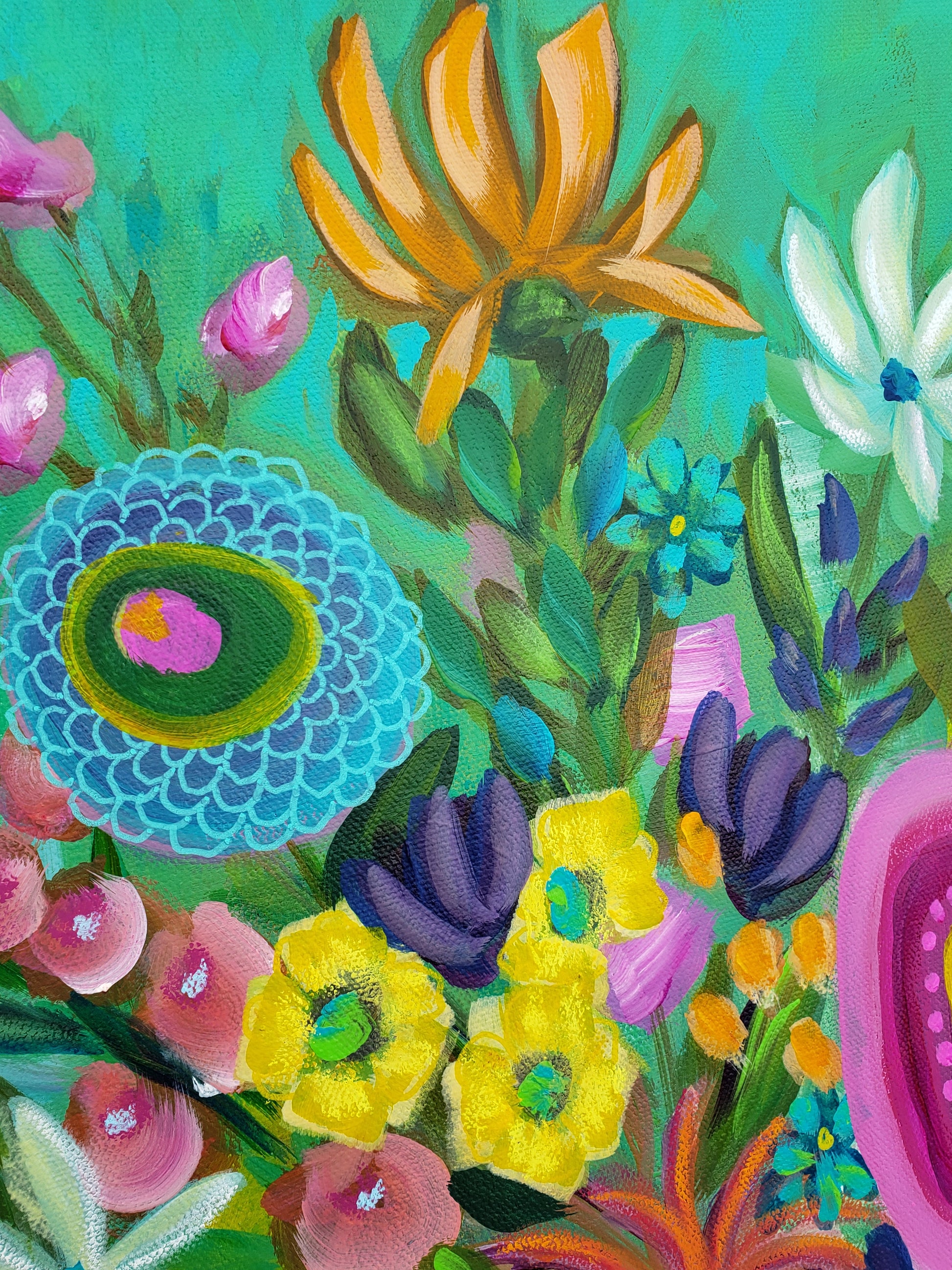 Floral whimsical orginal painting mixed media colorful