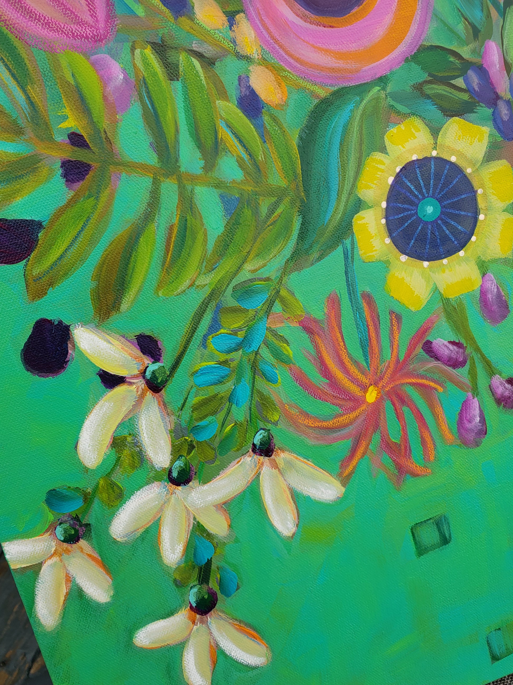 Floral whimsical orginal painting mixed media colorful