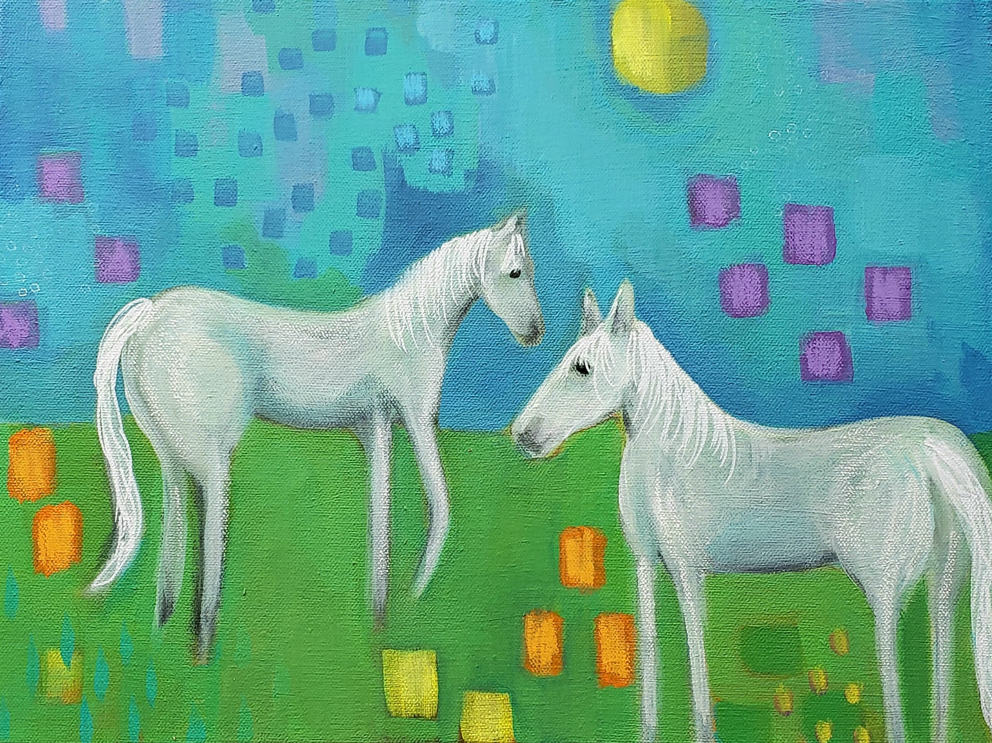 Two white horses standing in a colorful landscape with abstract patterns.