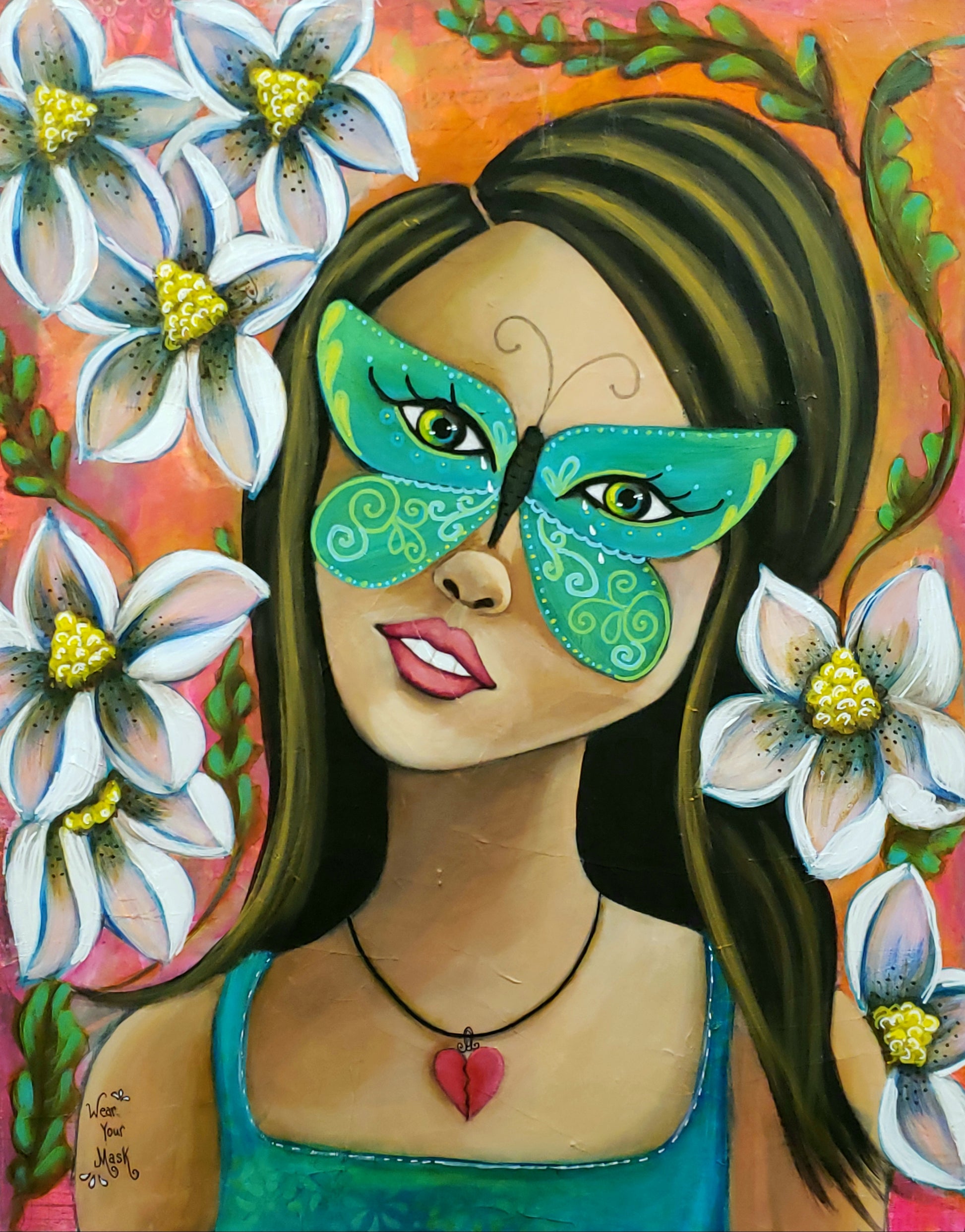 Artistic depiction of a woman wearing a butterfly mask with floral elements.