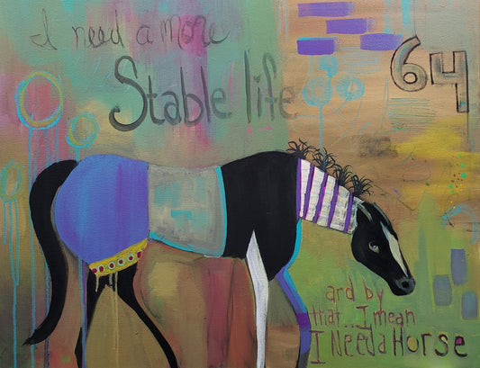 Colorful painting of a horse with text on a abstract background