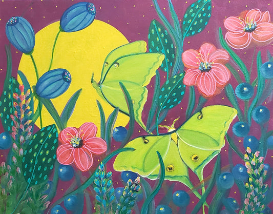 Colorful illustration of butterflies and flowers on a purple background