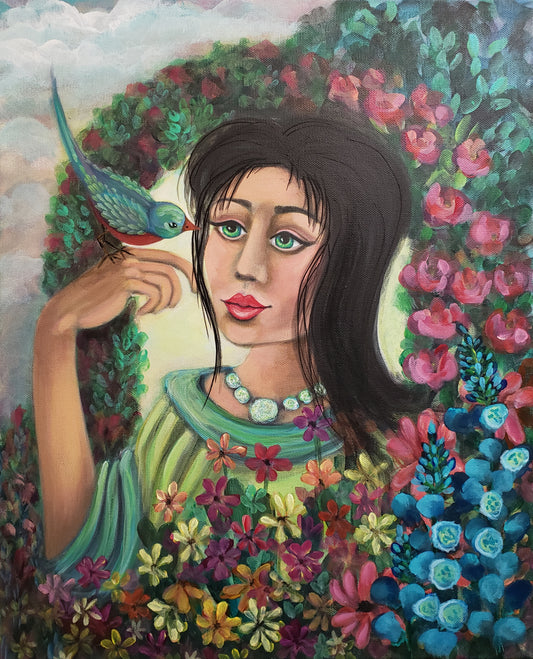 Artistic depiction of a woman with a bird on her shoulder surrounded by flowers